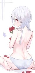 Rule 34 | 1girl, ass, back, bug, butt crack, butterfly, commentary request, feet, flower, fuji sakura, grey panties, highres, holding, holding flower, insect, long hair, looking at viewer, looking back, original, panties, petals, profile, red eyes, red flower, red rose, rose, rose petals, sitting, soles, solo, toes, underwear, wariza, white background, white hair