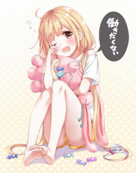 Rule 34 | 1girl, barefoot, blonde hair, blush, brown eyes, candy, digital media player, earbuds, earphones, feet, feet together, food, full body, futaba anzu, gradient background, head tilt, higeneko, hugging object, idolmaster, idolmaster cinderella girls, lollipop, looking at viewer, low twintails, one eye closed, open mouth, polka dot, polka dot background, revision, safety pin, shirt, short sleeves, shorts, sitting, sleepy, soles, solo, speech bubble, striped clothes, striped shorts, stuffed animal, stuffed rabbit, stuffed toy, swirl lollipop, tears, toes, translated, twintails, white shirt, wrapped candy, yellow shorts