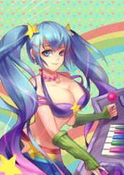 Rule 34 | 1girl, arcade sona, arm warmers, bi ge xing, blue eyes, breasts, cleavage, controller, earrings, jewelry, joystick, large breasts, league of legends, midriff, necklace, smile, solo, sona (league of legends), strap gap, twintails