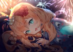 Rule 34 | 1girl, :d, aerial fireworks, blue eyes, blue kimono, blurry, blurry background, blush, bow, braid, brown hair, cheli (kso1564), commentary request, depth of field, fireworks, hair bow, hair ribbon, highres, japanese clothes, kimono, long hair, looking at viewer, night, night sky, obi, onigiri print, open mouth, pecorine (new year) (princess connect!), pecorine (princess connect!), princess connect!, print kimono, red bow, red ribbon, ribbon, sash, sky, smile, solo, tiara, upper body
