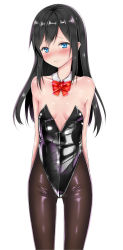 Rule 34 | 10s, 1girl, arms behind back, asashio (kancolle), black hair, blue eyes, blush, bow, bowtie, breasts, detached collar, embarrassed, highres, kantai collection, leotard, long hair, looking at viewer, pantyhose, playboy bunny, puririn, shiny clothes, small breasts, solo, standing, wrist cuffs