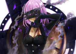 Rule 34 | 1girl, absurdres, black bodysuit, blood, blood on face, bodysuit, breasts, broken, cleavage, closed mouth, fate/grand order, fate (series), highres, looking at viewer, mash kyrielight, mash kyrielight (ortenaus), medium breasts, medium hair, megane fuki, pink hair, purple eyes, shield, solo, upper body, white background