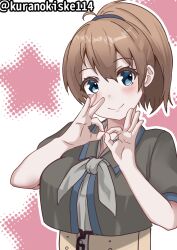 Rule 34 | 1girl, belt, black shirt, blue eyes, breasts, brown hair, commentary request, double ok sign, grey neckerchief, highres, intrepid (kancolle), kantai collection, kurano kisuke, large breasts, looking at viewer, neckerchief, ok sign, one-hour drawing challenge, ponytail, shirt, short hair, smile, solo, twitter username, upper body