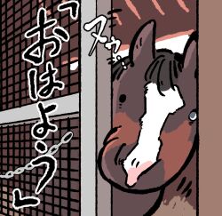 Rule 34 | commentary, horse, looking at viewer, motion lines, no humans, opening door, real life, sliding doors, stable, takatsuki nato, tanino gimlet (racehorse), translated, uneven eyes