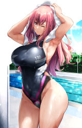Rule 34 | 1girl, absurdres, alternate costume, armpits, arms up, azur lane, bare legs, bare shoulders, black one-piece swimsuit, blue sky, breasts, bremerton (azur lane), chain-link fence, character name, cloud, competition swimsuit, covered navel, crop top, curvy, day, drying, drying hair, fence, grey hair, groin, hair between eyes, highleg, highleg swimsuit, highres, large breasts, lens flare, long hair, mole, mole under eye, multicolored hair, one-piece swimsuit, open mouth, oriue wato, outdoors, page number, pink eyes, pink hair, pool, poolside, shiny clothes, shiny skin, sidelocks, sky, solo, standing, star (symbol), star print, streaked hair, swimsuit, thick thighs, thighs, towel, towel on head, two-tone hair, very long hair, wet, wide hips