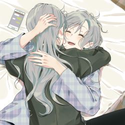 Rule 34 | 2girls, absurdres, bang dream!, bed, commentary request, happy, highres, hikawa hina, hikawa sayo, hug, incest, korean commentary, laughing, long hair, messy hair, multiple girls, pajamas, short hair, siblings, sisters, twincest, twins, yuri, zihacheol