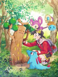Rule 34 | 1boy, aipom, backwards hat, bad id, bad pixiv id, creatures (company), day, ethan (pokemon), game freak, gen 1 pokemon, gen 2 pokemon, grass, hanenbo, hat, highres, johto route 36, male focus, nintendo, on head, outdoors, pokemon, pokemon (creature), pokemon gsc, pokemon on head, squirt bottle, squirtle, totodile, tree