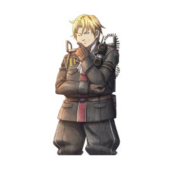 Rule 34 | 00s, 10s, 1boy, alfons auclair, blonde hair, blue eyes, gloves, male focus, military, military uniform, official art, one eye closed, senjou no valkyria, senjou no valkyria (series), senjou no valkyria 3, short hair, simple background, solo, uniform, white background, wink