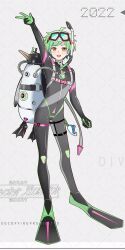 Rule 34 | animal charm, arm up, black bodysuit, black wetsuit, bodysuit, covered navel, dated, diving mask, diving mask on head, diving regulator, diving suit, flippers, goggles, goggles on head, green hair, highres, hose, open mouth, orange eyes, original, oxygen tank, saraka su, scuba, scuba gear, scuba tank, short hair, skin tight, smile, snorkel, strap, teeth, thigh strap, two-tone bodysuit, upper teeth only, v, wetsuit, white background