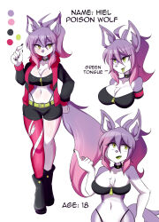 Rule 34 | 1girl, absurdres, animal ears, breasts, character name, character sheet, claws, cleavage, colored skin, curvy, furry, furry female, hiel (lucyfer), highleg, highleg panties, highres, jacket, large breasts, long hair, looking at viewer, lucyfer, narrow waist, original, panties, pantyhose, ponytail, purple hair, shiny skin, short shorts, shorts, simple background, single leg pantyhose, smile, solo, standing, tail, thighs, thong, underwear, very long hair, white background, wide hips, wolf ears, wolf girl, wolf tail, yellow eyes