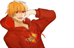 Rule 34 | 1boy, alternate costume, arm support, blonde hair, collarbone, fate/grand order, fate (series), gilgamesh (fate), hand on own cheek, hand on own face, hand on own head, hood, hood down, hoodie, k7 (kk7 000), long sleeves, looking to the side, male focus, open mouth, red eyes, red hood, red hoodie, short hair, simple background, solo, teeth, upper body, upper teeth only, white background