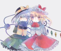 Rule 34 | 2girls, ascot, bat wings, black gloves, black hat, blonde hair, blouse, bow, buttons, crystal, diamond button, eyeball, flandre scarlet, frilled shirt collar, frilled sleeves, frills, gloves, green hair, green skirt, hat, hat bow, hat ribbon, heart, heart of string, hiyuu (hiyualice), komeiji koishi, mob cap, multicolored wings, multiple girls, one side up, open mouth, puffy short sleeves, puffy sleeves, red eyes, red gloves, red skirt, red vest, ribbon, shirt, short sleeves, side ponytail, skirt, skirt set, touhou, vest, white background, white hat, wide sleeves, wings, yellow ascot, yellow bow, yellow ribbon, yellow shirt