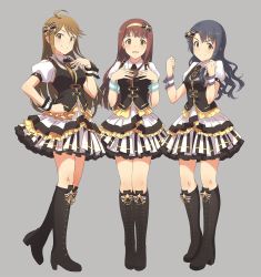 Rule 34 | 3girls, ahoge, black bow, black footwear, black hair, black vest, blush, boots, bow, brown eyes, brown hair, closed mouth, cross-laced footwear, fist pump, full body, grey background, hair bow, hairband, hand on own chest, hand on own hip, hands on own chest, high heel boots, high heels, highres, idol, idol clothes, idolmaster, idolmaster million live!, lace-up boots, layered skirt, long hair, looking at viewer, multiple girls, narumi nanami, open mouth, parfait noir (idolmaster), pleated skirt, puffy short sleeves, puffy sleeves, red eyes, shirt, short sleeves, simple background, skirt, smile, standing, striped clothes, striped skirt, takayama sayoko, tanaka kotoha, tokoro megumi, vertical-striped clothes, vertical-striped skirt, vest, white shirt, white skirt, wrist cuffs