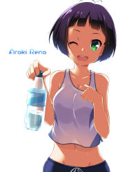 Rule 34 | 1girl, ;d, araki rena, blush, bottle, breasts, cleavage, green eyes, hoppege, looking at viewer, medium breasts, midriff, navel, one eye closed, open mouth, purple hair, short hair, simple background, smile, solo, sweat, tank top, tokyo 7th sisters, water bottle, white background