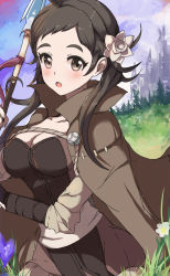 Rule 34 | 1girl, bad id, bad pixiv id, blush, breasts, brown hair, cape, cleavage, echizen (hvcv), fire emblem, fire emblem fates, flower, freckles, hair flower, hair ornament, lance, large breasts, long hair, mozu (fire emblem), nintendo, open mouth, polearm, solo, twintails, weapon