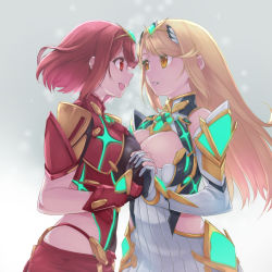 Rule 34 | 2girls, blonde hair, breasts, chest jewel, highres, hip vent, large breasts, long hair, multiple girls, mythra (xenoblade), pyra (xenoblade), red eyes, red hair, short hair, xenoblade chronicles (series), xenoblade chronicles 2, yazwo, yellow eyes