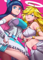 Rule 34 | 2girls, :q, absurdres, bare shoulders, blonde hair, blue eyes, blue hair, blunt bangs, breasts, bridal gauntlets, cete (controllingtime), choker, dress, frilled choker, frills, grin, highres, holding, holding clothes, holding panties, holding underwear, medium breasts, multicolored hair, multiple girls, panties, panty &amp; stocking with garterbelt, panty (psg), pink background, pink hair, siblings, simple background, sisters, sleeveless, sleeveless dress, smile, stocking (psg), swept bangs, teeth, tongue, tongue out, two-tone hair, underwear, white choker, white panties, yellow choker