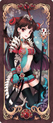 Rule 34 | 1girl, art nouveau, bad id, bad pixiv id, breasts, brown hair, center opening, cleavage, earrings, feathers, gloves, horns, jewelry, knife, lips, lipstick, long hair, makeup, midriff, nardack, navel, original, red eyes, scepter, skull, smile, solo, standing, thighhighs, thorns, wings