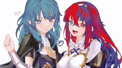 Rule 34 | 2girls, alear (female) (fire emblem), alear (fire emblem), blue eyes, blue hair, bow, bowtie, braid, breast press, breasts, byleth (female) (fire emblem), byleth (fire emblem), closed mouth, crossed bangs, crown braid, fire emblem, fire emblem: three houses, fire emblem engage, heterochromia, highres, jewelry, large breasts, long hair, looking at viewer, medium hair, multicolored hair, multiple girls, nintendo, open mouth, red eyes, red hair, ring, smile, split-color hair, stellanfleuret, tiara, upper body, white background