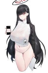 Rule 34 | 1girl, absurdres, doodle sensei (blue archive), black hair, blue archive, blush, breasts, cowboy shot, cropped legs, cup, fendai, hair ornament, hairclip, halo, highres, holding, holding phone, id card, large breasts, long hair, looking at viewer, no pants, open clothes, phone, red eyes, rio (blue archive), sensei (blue archive), simple background, solo, standing, stomach, sweater, turtleneck, turtleneck sweater, very long hair, white background, white sweater