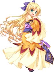 Rule 34 | 1girl, blonde hair, bow, covering privates, covering breasts, curly hair, detached sleeves, dress, enjutsu, from side, full body, green eyes, highres, koihime musou, long hair, official art, open mouth, ribbon, saeki hokuto, shoes, solo, transparent background, very long hair