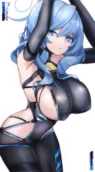 Rule 34 | 1girl, ako (blue archive), alternate costume, black gloves, blue archive, blue eyes, blue hair, blue halo, breasts, covered erect nipples, covered navel, cowboy shot, elbow gloves, gloves, hair between eyes, halo, highres, kie (yospcd), large breasts, long hair, looking at viewer, parted lips, simple background, solo, white background