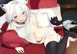Rule 34 | 1girl, ahoge, alternate costume, alternate hair length, alternate hairstyle, animal ears, aqua eyes, aran sweater, backless outfit, barefoot, bed, black thighhighs, blush, braid, braided ponytail, breasts, cable knit, chair, commentary, ear piercing, embarrassed, fang, fox ears, fox girl, fox tail, full body, grey sweater, hair between eyes, holding tail, hololive, looking away, looking to the side, lying, medium breasts, meme attire, midriff, nejime, no bra, on bed, on side, open mouth, panties, pentagram, piercing, pillow, shirakami fubuki, short hair, side braid, sideboob, signature, silver hair, single braid, single thighhigh, skin fang, solo, sweatdrop, sweater, tail, thigh strap, thighhighs, thighs, turtleneck, turtleneck sweater, underwear, unworn clothes, unworn panties, virgin killer sweater, virtual youtuber