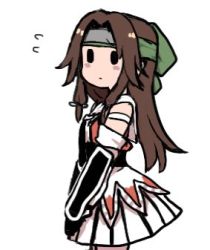 Rule 34 | 1girl, blush, brown hair, commentary request, cowboy shot, headband, jintsuu (kancolle), jintsuu kai ni (kancolle), kantai collection, long hair, lowres, pleated skirt, simple background, skirt, solid oval eyes, solo, terrajin, v arms, white background