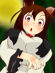 Rule 34 | 1girl, akineko (momizi0612), animal ears, blush, breasts, brooch, brown hair, chestnut mouth, close-up, female focus, fingernails, imaizumi kagerou, jewelry, large breasts, long hair, long sleeves, looking at viewer, open mouth, red eyes, sharp fingernails, simple background, solo, tail, touhou, upper body, werewolf, white background, wide sleeves, wolf ears, wolf tail