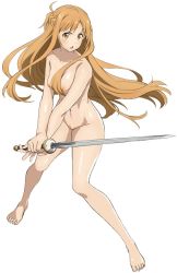 Rule 34 | 1girl, asuna (sao), breasts, highres, long hair, nude, orange eyes, orange hair, sword, sword art online, weapon