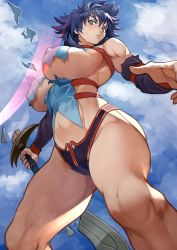 Rule 34 | 1girl, bare shoulders, bastard!!, blue hair, blue sky, blush, breasts, broken, broken sword, broken weapon, cloud, cloudy sky, crack, covered erect nipples, green eyes, hair between eyes, highres, holding, holding sword, holding weapon, kai harn, large breasts, looking at viewer, medium hair, muscular, muscular female, navel, open hand, outdoors, parted lips, sky, slashing, solo, sweat, sword, torn, torn clothes, turtleneck, weapon, yoshio (55level)