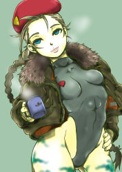Rule 34 | 1girl, abs, absurdres, alternate hair color, beret, blonde hair, blue eyes, bodypaint, bomber jacket, braid, breasts, cammy white, camouflage, contrapposto, cup, fur trim, hand on own hip, hat, highleg, highleg leotard, highres, jacket, leotard, lips, long hair, looking at viewer, open clothes, open jacket, shirotateto, silver hair, skin tight, small breasts, smile, solo, standing, street fighter, twin braids, very long hair