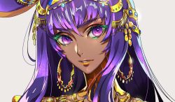 Rule 34 | 1girl, animal ears, colored eyelashes, commentary request, dark-skinned female, dark skin, earrings, eyelashes, eyeshadow, fate/grand order, fate (series), grey background, hoop earrings, jackal ears, jewelry, lipstick, long hair, looking at viewer, makeup, nitocris (fate), parted lips, portrait, purple eyes, purple hair, simple background, smile, solo, tenobe, yellow lips
