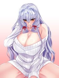 Rule 34 | 1girl, aged up, alternate breast size, blush, breasts, cleavage, collarbone, food, food in mouth, gradient background, grey hair, grin, hair ribbon, hakkai, highres, huge breasts, kantai collection, long sleeves, looking at viewer, murakumo (kancolle), naked sweater, pink background, pocky, pocky in mouth, ribbon, sidelocks, smile, solo, sweater, tress ribbon, white sweater, yellow eyes