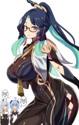 Rule 34 | 3girls, absurdres, ahoge, bare shoulders, black dress, blue eyes, blue hair, bodystocking, breasts, cloud retainer (genshin impact), colored inner hair, commentary, cowboy shot, dress, english commentary, ganyu (genshin impact), genshin impact, glasses, green hair, grey hair, highres, hinghoi, horns, large breasts, long hair, looking at viewer, multicolored hair, multiple girls, purple eyes, red-framed eyewear, shenhe (genshin impact), shirt, simple background, skirt, standing, thighs, thought bubble, very long hair, white background, white shirt, white skirt, xianyun (genshin impact)