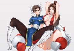 Rule 34 | 2girls, absurdres, adjusting hair, armpits, arms behind head, arms up, boots, breast envy, breasts, brown eyes, brown hair, bun cover, capcom, chinese clothes, chun-li, cleavage, crossover, curvy, double bun, fatal fury, hair bun, highres, japanese clothes, kndy, kneeling, large breasts, long hair, looking at viewer, multiple girls, pelvic curtain, puffy sleeves, shiranui mai, short hair, sitting, smile, snk, spread legs, street fighter, the king of fighters, thick thighs, thighs, wide hips