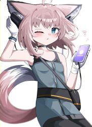 Rule 34 | 1girl, absurdres, ahoge, animal ear fluff, animal ears, arknights, bare shoulders, black choker, black pantyhose, blue dress, breasts, brown hair, cellphone, choker, cleavage, collarbone, commentary request, dress, eighth note, fox ears, fox girl, fox tail, gloves, headphones for animal ears, highres, holding, holding phone, musical note, one eye closed, pantyhose, parted lips, phone, simple background, small breasts, solo, spam (spamham4506), sussurro (arknights), tail, white background, white gloves