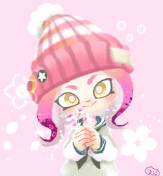 Rule 34 | 1girl, :&gt;, black neckerchief, blue sailor collar, bobblehat, bright pupils, closed mouth, flower, hat, head tilt, holding, holding flower, long hair, long sleeves, looking at viewer, neckerchief, nintendo, octoling, octoling girl, octoling player character, pink background, pink eyes, pink hair, pink hat, pom pom (clothes), sailor collar, school uniform, serafuku, shirt, solo, splatoon (series), splatoon 2, striped clothes, striped headwear, suction cups, tentacle hair, white pupils, white shirt, yoshishi (yosisitoho)