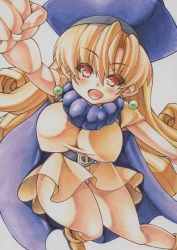 Rule 34 | 1girl, alena (dq4), bare arms, bare legs, belt, blonde hair, blush, boots, breasts, colored pencil (medium), dragon quest, dress, earrings, female focus, hat, jewelry, large breasts, long hair, marker (medium), millipen (medium), no legwear, open mouth, panties, pantyshot, raised fist, red eyes, short sleeves, simple background, smile, solo, standing, traditional media, underwear, very long hair, white background, white panties, yellow dress, yutakasan-love