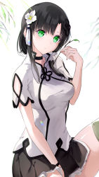 Rule 34 | 1girl, assault lily, black hair, black skirt, blush, branch, breasts, flower, frills, green eyes, green thighhighs, hair flower, hair ornament, highres, large breasts, looking at viewer, meen (ouaughikepdvrsf), microskirt, short hair, simple background, sitting, skirt, solo, thighhighs, wang yujia, white background