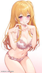 Rule 34 | 1girl, bare arms, bare shoulders, blonde hair, blush, bra, breasts, cleavage, collarbone, gradient background, grin, highres, hoshino ruby, large breasts, long hair, looking at viewer, machi (7769), mismatched pupils, navel, oshi no ko, panties, parted lips, pink eyes, side ponytail, sidelocks, simple background, smile, solo, stomach, teeth, thighs, underwear, underwear only