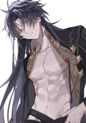 Rule 34 | 1boy, abs, antenna hair, bare pectorals, black sleeves, blade (honkai: star rail), closed mouth, earrings, expressionless, highres, honkai: star rail, honkai (series), jewelry, korean commentary, long hair, male focus, nipples, open clothes, orange eyes, parted bangs, pectorals, simple background, solo, starim04, upper body, white background