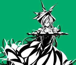 Rule 34 | 1girl, beshi, bow, dress, female focus, hair bow, hat, kamishirasawa keine, long hair, looking at viewer, monochrome, simple background, smile, solo, sword, sword of kusanagi, touhou, weapon, wind
