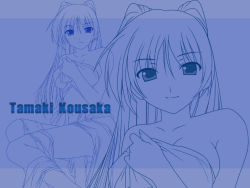 Rule 34 | 00s, 1girl, bed sheet, blue theme, character name, collarbone, hair between eyes, kousaka tamaki, looking at viewer, monochrome, naked sheet, navel, smile, solo, to heart (series), to heart 2, wallpaper, zoom layer