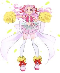 Rule 34 | 1girl, clover earrings, commentary request, crop top, cure yell, earrings, eyelashes, fpminnie1, hair ornament, hair ribbon, happy, heart, heart hair ornament, heart pouch, highres, holding, holding pom poms, hugtto! precure, jewelry, long hair, looking at viewer, magical girl, midriff, navel, nono hana, pink crop top, pink eyes, pink hair, pink skirt, pom pom (cheerleading), pom poms, precure, ribbon, short bangs, simple background, sketch, skirt, smile, solo, thighhighs, thighs, white background, white thighhighs