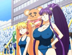 Rule 34 | 00s, 6+girls, animated, animated gif, banana, big hair, bouncing breasts, breasts, eiken, covered erect nipples, food, fruit, grace lin, huge breasts, impossible clothes, impossible shirt, jiggle, lowres, misono kirika, multiple girls, one-piece swimsuit, purple hair, school swimsuit, shirt, swimsuit, unaligned breasts