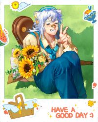 Rule 34 | 1boy, absurdres, animal ear fluff, animal ears, bandaid, bandaid on face, bandaid on nose, basket, bouquet, closed eyes, collared shirt, colored eyelashes, dongbomu, ear ornament, facing viewer, fang, feet out of frame, flower, food, fruit, grass, green background, grin, hand up, highres, holding, holding bouquet, knees up, long hair, long sleeves, male focus, original, outdoors, shadow, shaved ice, shirt, smile, solo, sticker, sunflower, v, watermelon, white hair, yellow flower, yellow shirt