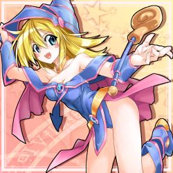 Rule 34 | 1girl, akasaka koutarou, bare shoulders, blonde hair, blue footwear, blush, blush stickers, boots, breasts, choker, cleavage, dark magician girl, duel monster, green eyes, hat, highres, large breasts, long hair, open mouth, pentacle, smile, solo, staff, wizard hat, yu-gi-oh!, yu-gi-oh! duel monsters