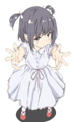 Rule 34 | 1girl, :o, anno masato, black hair, blue dress, blush, brown eyes, buttons, child, dress, frilled dress, frills, hair ribbon, highres, light blue dress, looking at viewer, original, outstretched arms, outstretched hand, reaching, reaching towards viewer, red footwear, ribbon, shadow, short hair, short sleeves, short twintails, solo, string belt, string waist, twintails, white background, white legwear, white ribbon