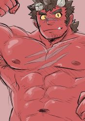Rule 34 | 1boy, abs, armpit hair, bara, broken horn, brown hair, colored skin, completely nude, demon boy, facial hair, fang, highres, horns, koginoro, long sideburns, looking at viewer, male focus, mature male, muscular, muscular male, navel, nipples, nude, oni horns, orgus (f-kare), orgus (f-kare), pectorals, red skin, scar, scar on chest, scar on face, scar on nose, short hair, shoukan yuusha to f-kei kareshi, sideburns, smile, solo, stomach, stubble, upper body